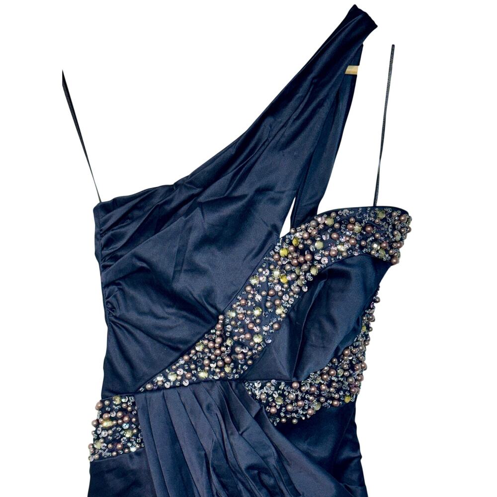 NWT Mandalay Navy Blue One Shoulder Beaded Sequin Evening Gown Dress Size 14 - Picture 3 of 14
